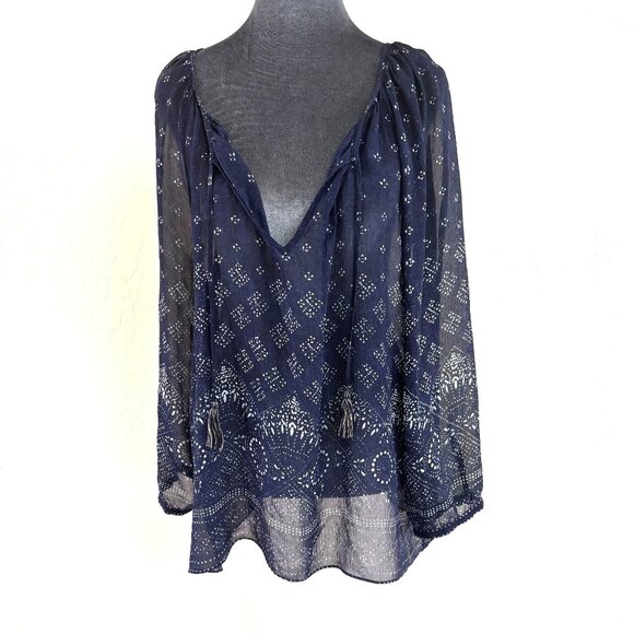 Joie Silk Boho Blouse - Navy/White - Size L - Picture 1 of 11